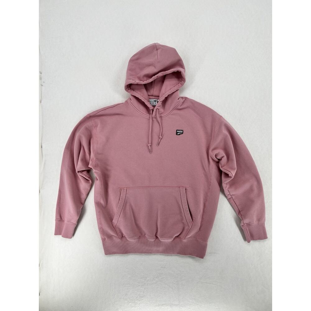 Puma Downtown Hoodie Mens Medium Pink Pullover Sweatshirt Logo Pocket Unisex